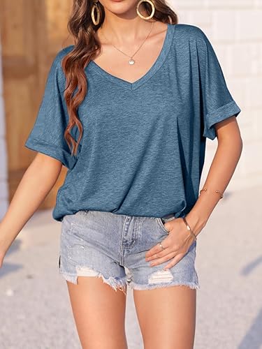 Damen Leinenbluse Sommer - Lockeres Kurzarm Shirt mit V-Ausschnitt