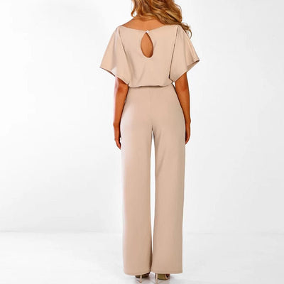Sommerlicher Damen Jumpsuit Beige - Leichter Overall mit Gürtel und weitem Bein
