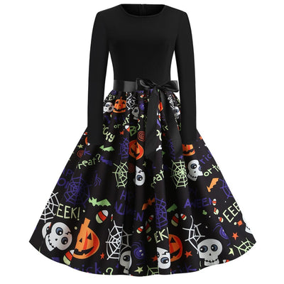 Damen Halloween-Kleid mit Print | Langarm & Ausgestellter Schnitt