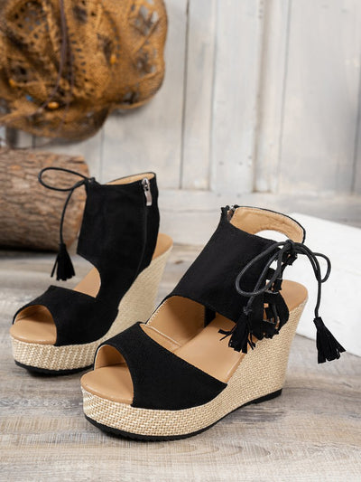 Keilsandalette mit Bastsohle | Fransen & Reißverschluss | Sommerlich & Komfortabel