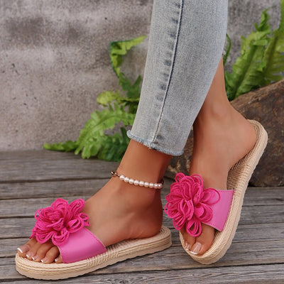 Slides mit 3D-Blume | Bastsohle | Sommerlich & Feminin