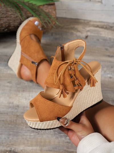 Keilsandalette mit Bastsohle | Fransen & Reißverschluss | Sommerlich & Komfortabel