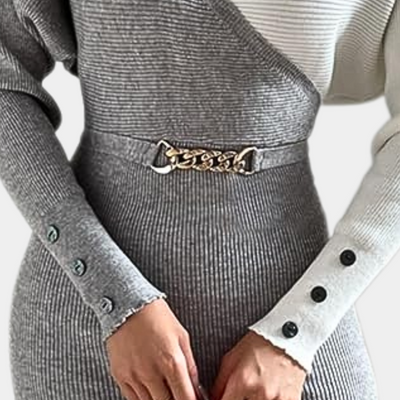 Stylisches Damen Strickkleid | Asymmetrie-Look & Gürtel mit Kettendetail