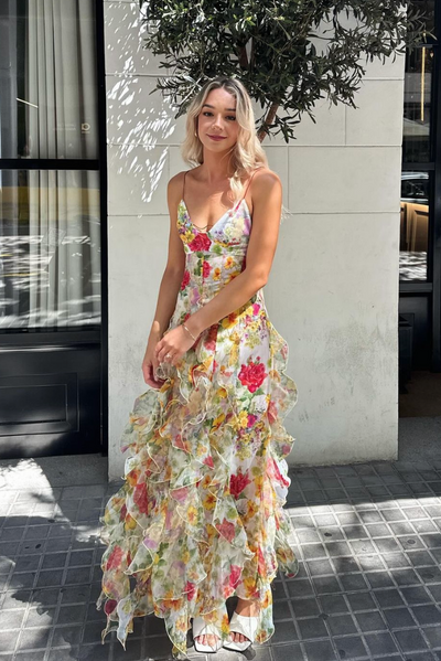 Velora ™ | Chiffon-Maxikleid mit Rosenprint und Schlitz