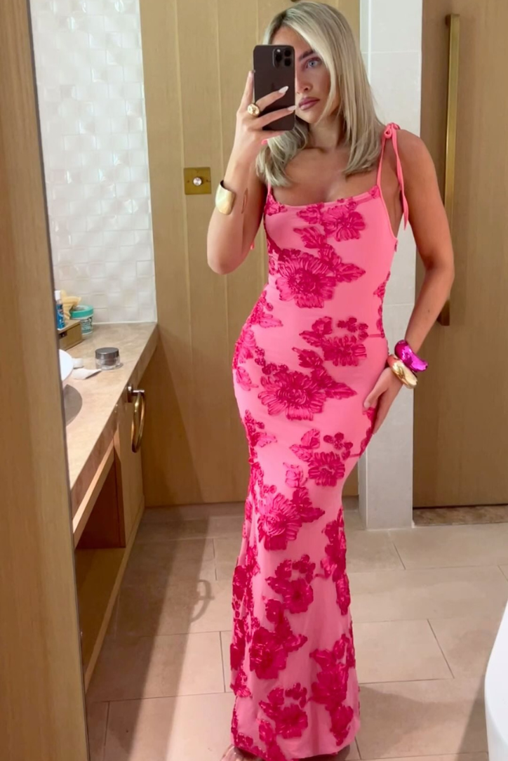 Xavina™ | Rosa Kleid mit Blumenmuster und Knotenträgern