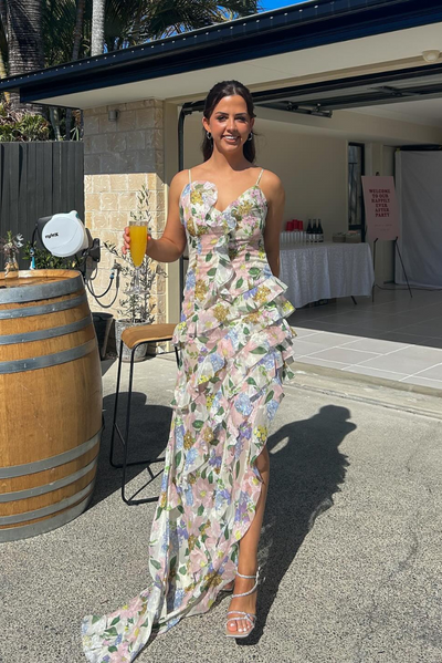 Arlina ™ | Weißes Rüschenkleid mit Blattmuster
