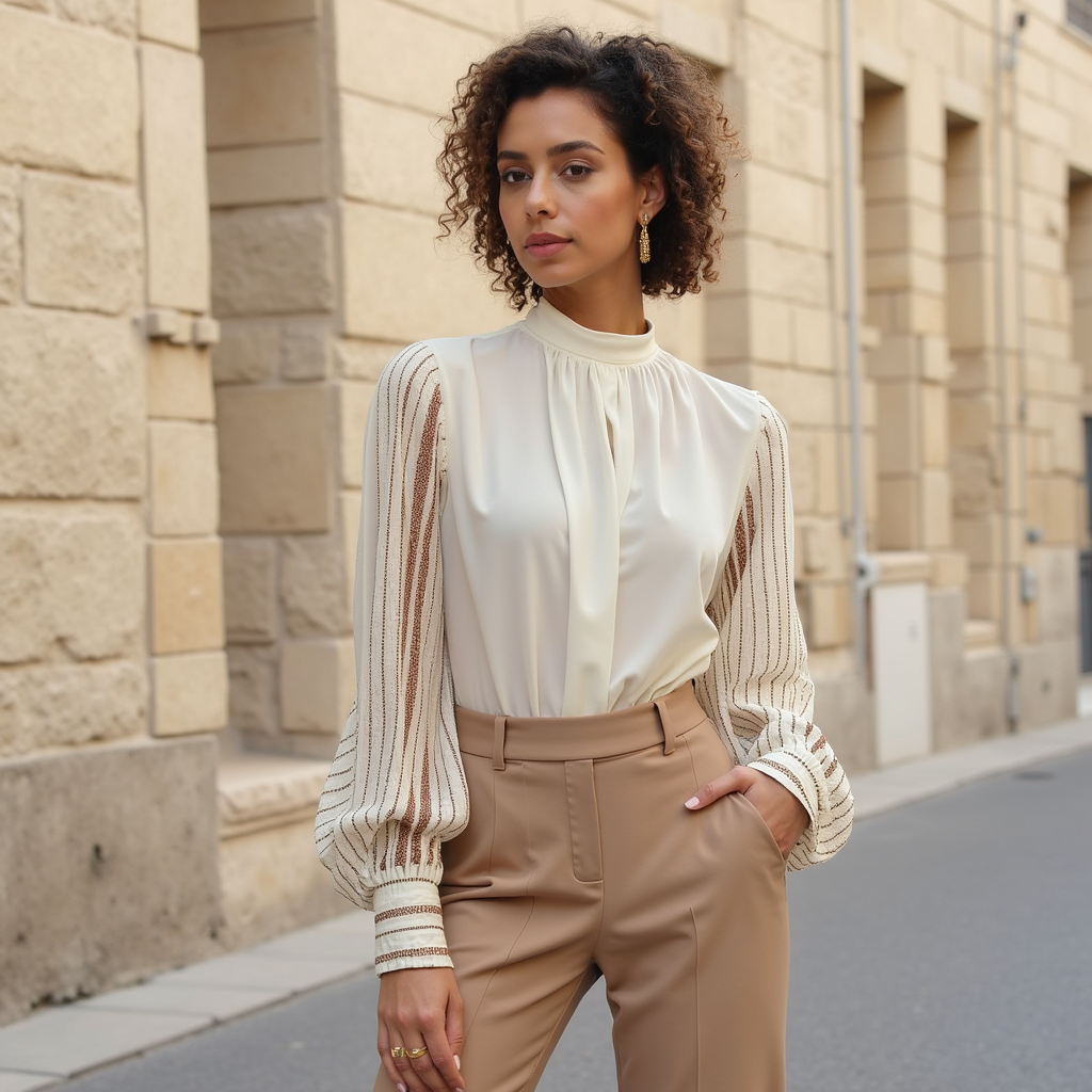 Edle Bluse | Transparente Ärmel & Stehkragen | Feminine Eleganz