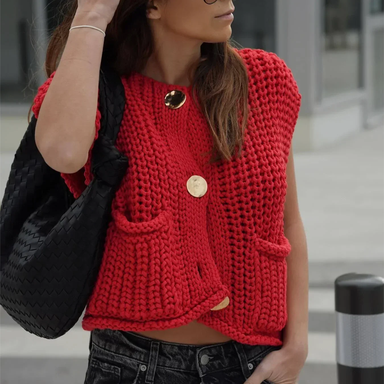 Strickweste für den Herbst - Vintage Ärmellose Strickweste mit V-Ausschnitt für Damen