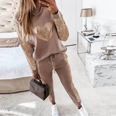 Pailletten Herz Pullover und Hose Set für Damen