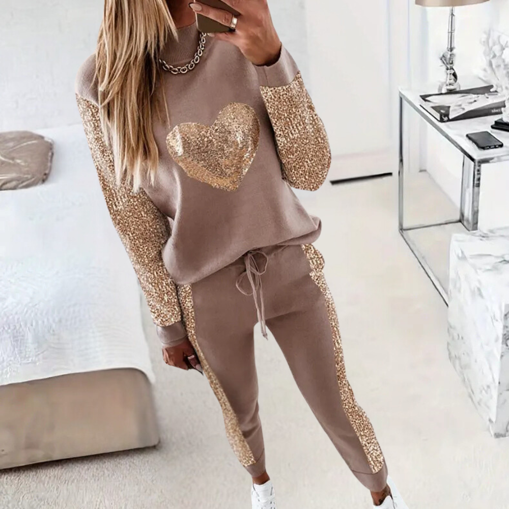 Khaki Trainingsanzug mit Goldpailletten für Frauen