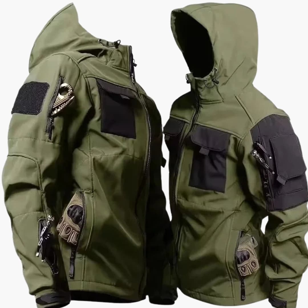 Herren Softshelljacke mit Kapuze und mehreren Reißverschlusstaschen