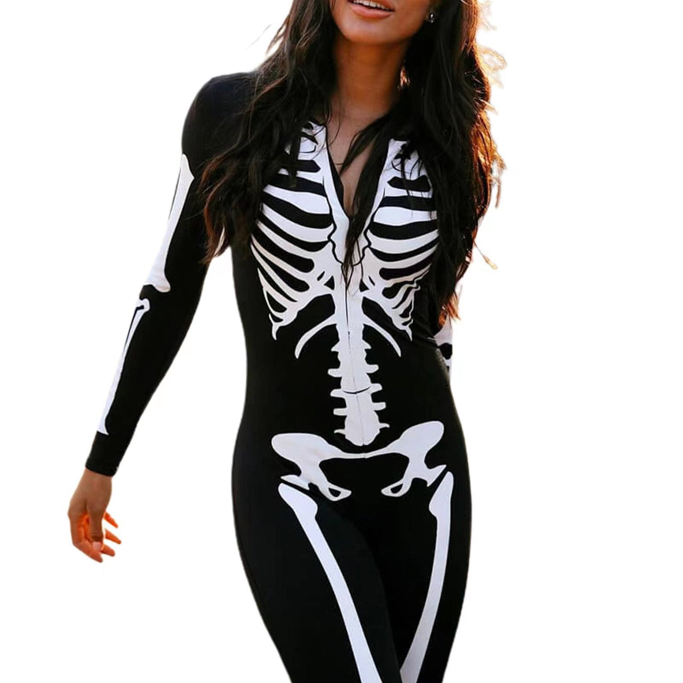 Damen Skelett Halloween-Kostüm Jumpsuit | Einteiler mit Langarm