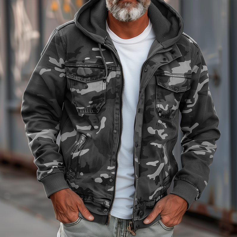 Jeansjacke für Herren - Camouflage Sommerjacke mit Kapuze