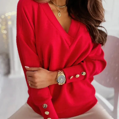 V-Ausschnitt-Pullover mit Knöpfen für Damen
