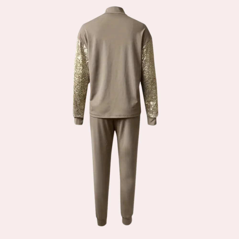 Khaki Trainingsanzug mit Goldpailletten für Frauen