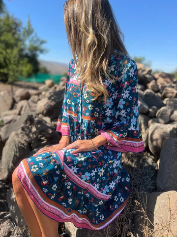 Boho-Kleid mit Muster-Mix | A-Linie | Eingrifftaschen