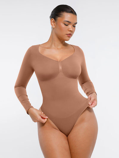 Nahtloser, langärmliger Tanga-Bodysuit zur Bauchkontrolle