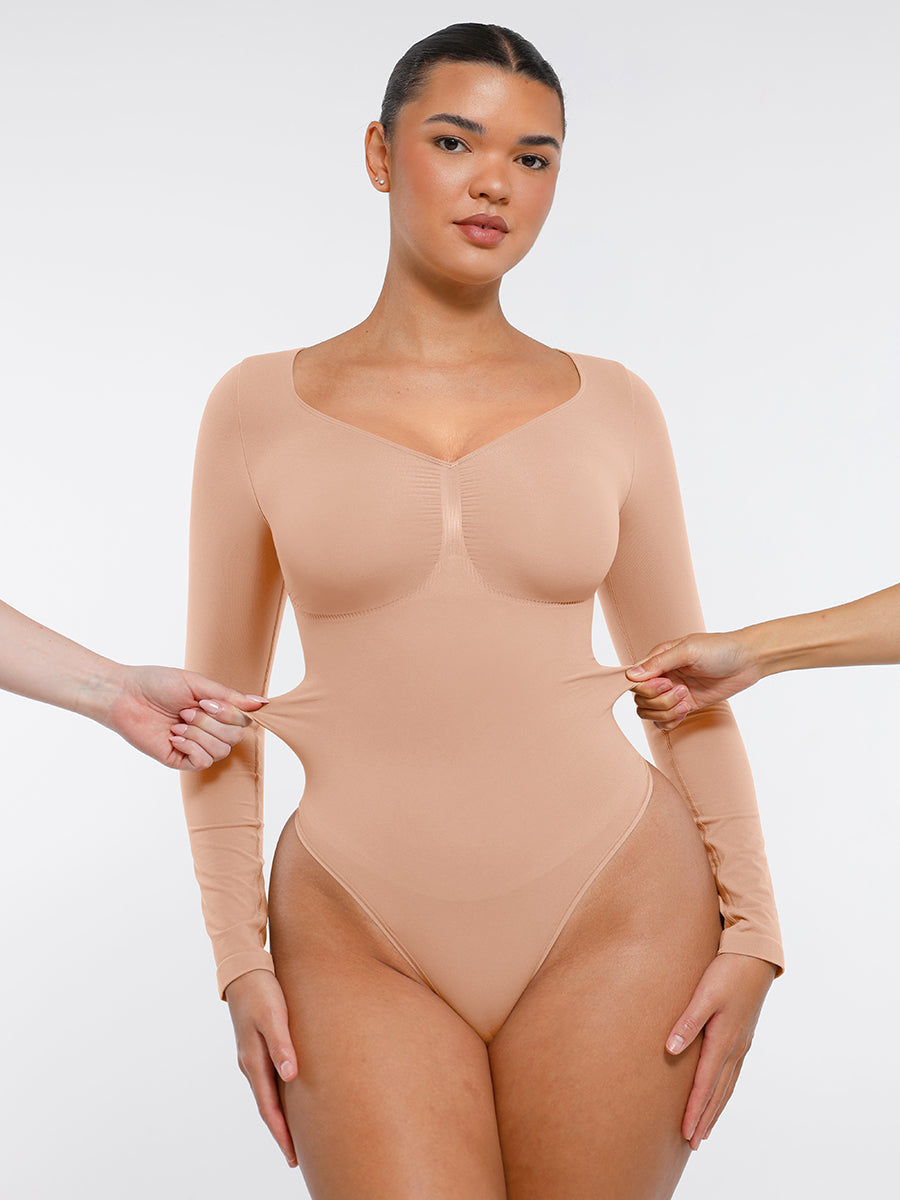 Nahtloser, langärmliger Tanga-Bodysuit zur Bauchkontrolle