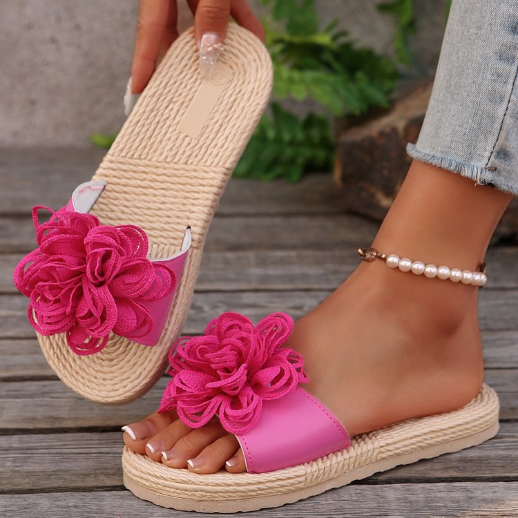 Slides mit 3D-Blume | Bastsohle | Sommerlich & Feminin