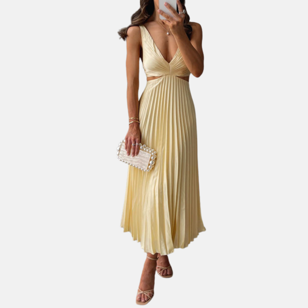 Maxikleid für Damen - Plissee-Kleid mit V-Ausschnitt für Sommer