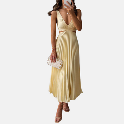 Maxikleid für Damen - Plissee-Kleid mit V-Ausschnitt für Sommer