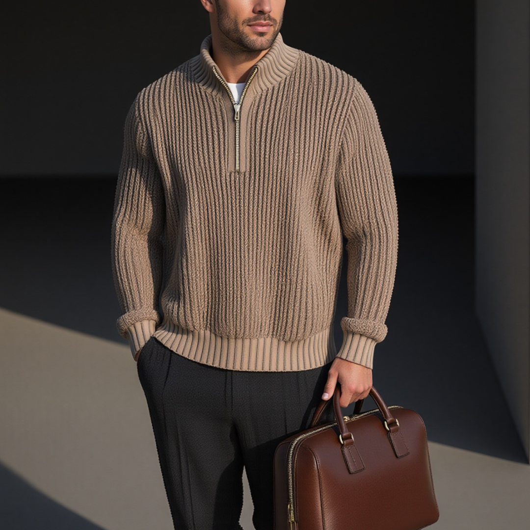 Gerippter Pullover mit halbem Reißverschluss für Herren