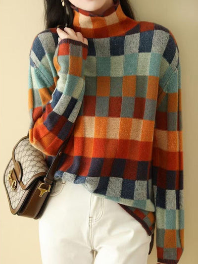 Mehrfarbig karierter Rollkragenpullover für Frauen