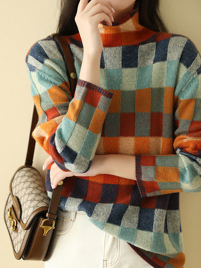 Mehrfarbig karierter Rollkragenpullover für Frauen