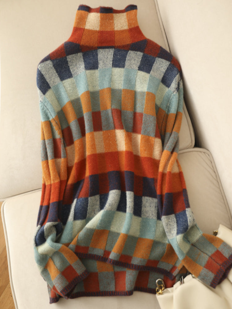 Mehrfarbig karierter Rollkragenpullover für Frauen