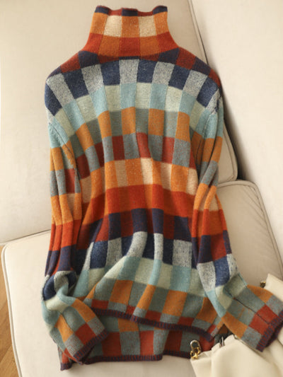 Mehrfarbig karierter Rollkragenpullover für Frauen