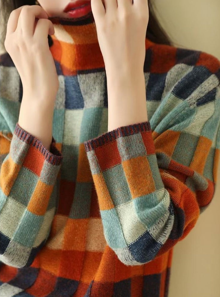 Mehrfarbig karierter Rollkragenpullover für Frauen