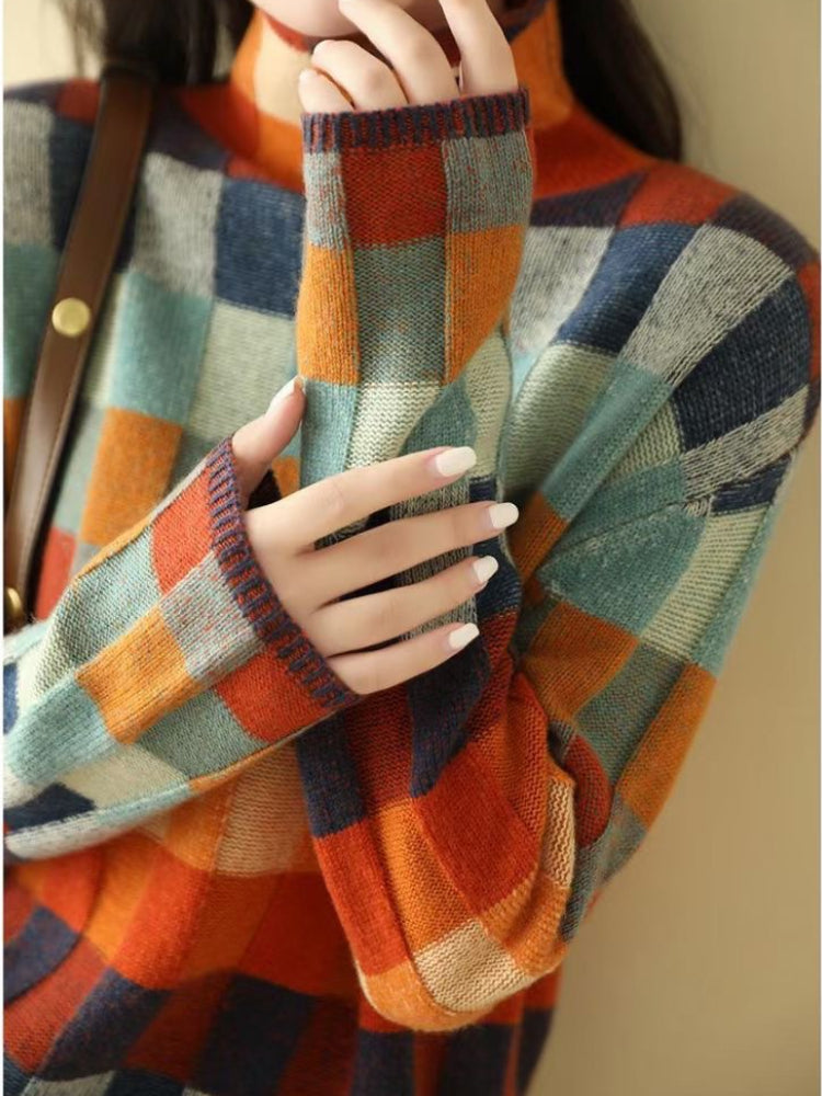 Mehrfarbig karierter Rollkragenpullover für Frauen