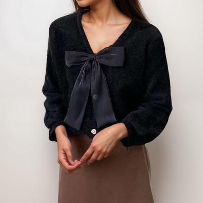 Flauschiger Strick-Cardigan | Elegante Schleife | Femininer Look