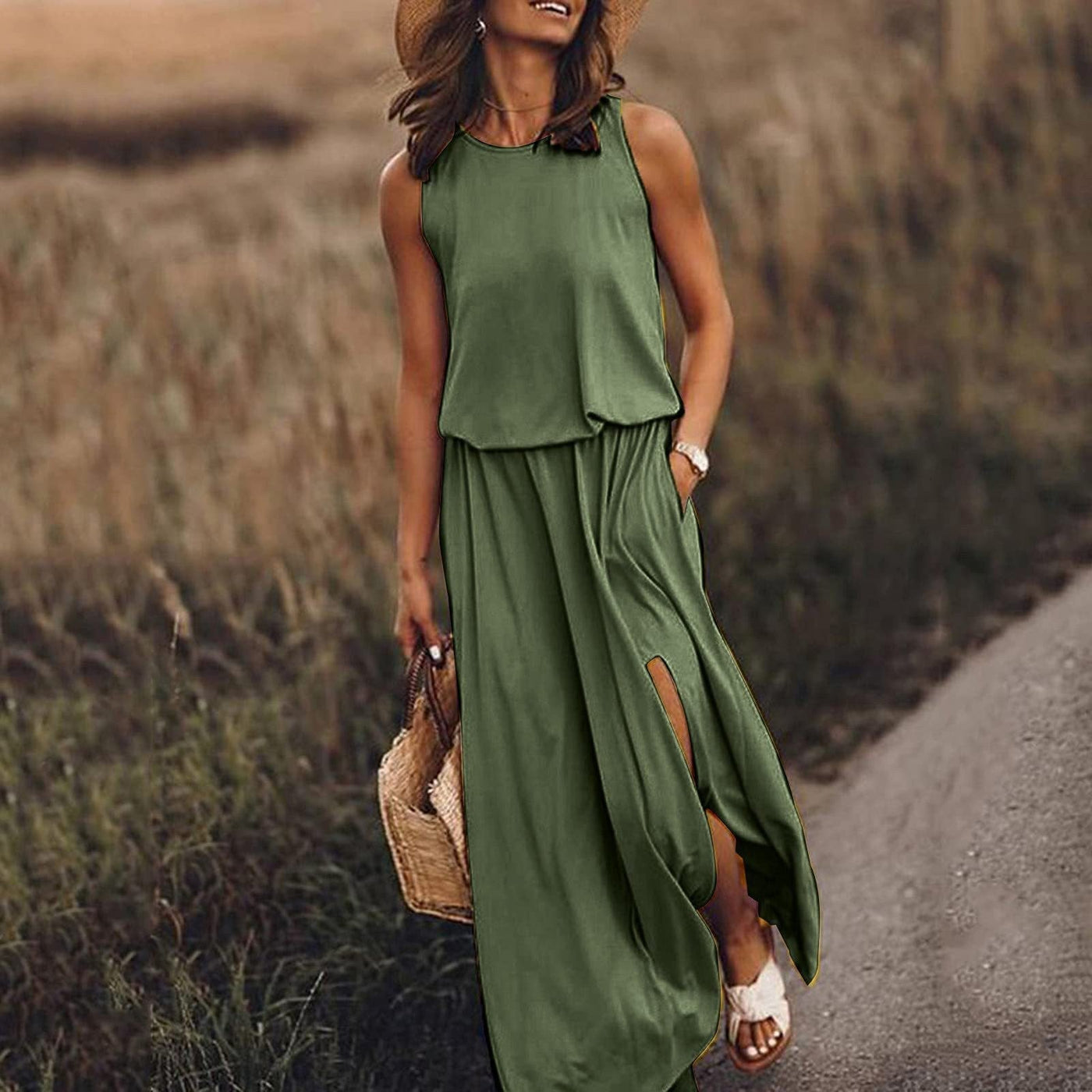 Ärmelloses Maxikleid | Fließender Stoff | Femininer Stil