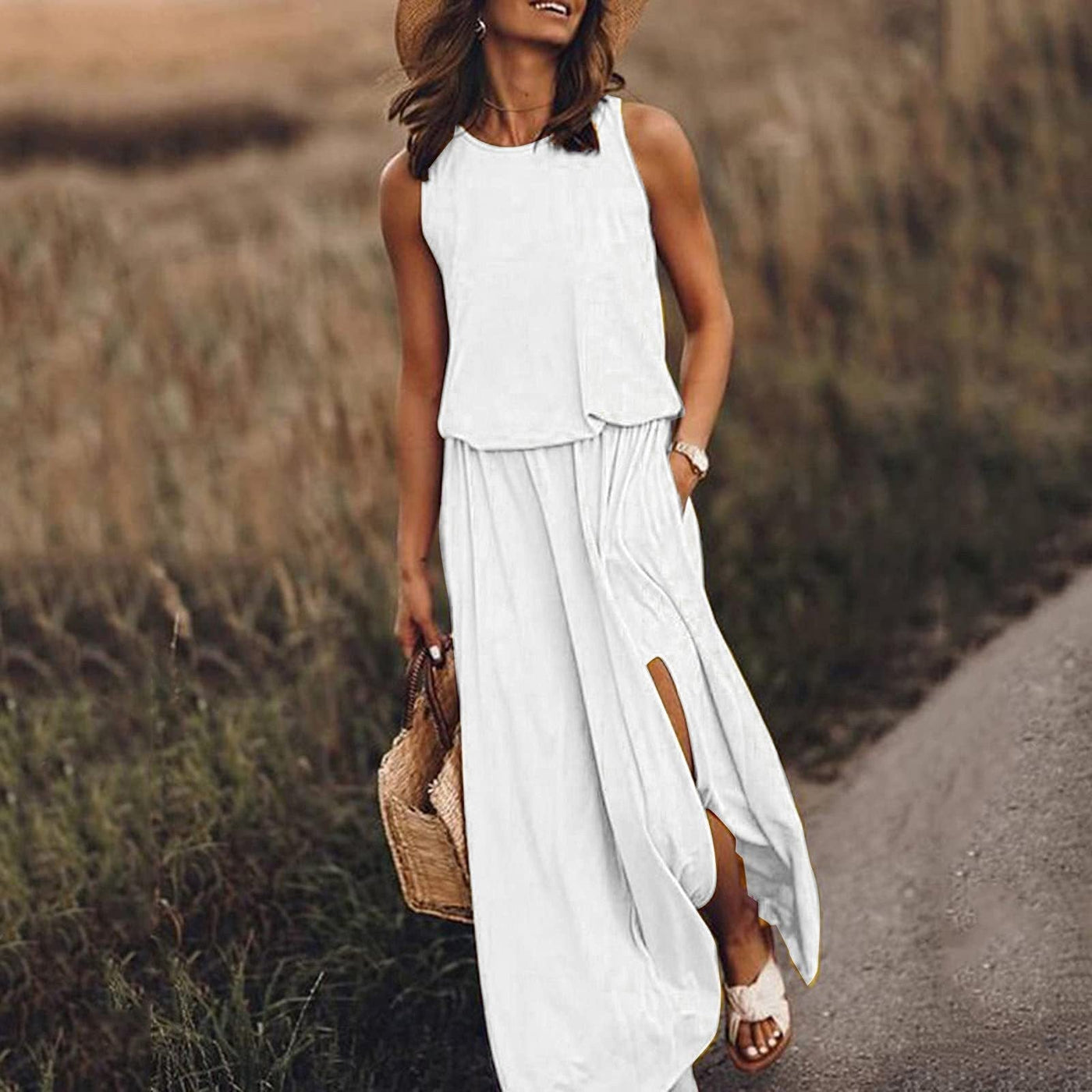 Ärmelloses Maxikleid | Fließender Stoff | Femininer Stil