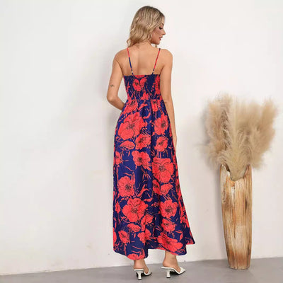 Emma - Blumiges, gerafftes Maxikleid mit Spaghettiträgern