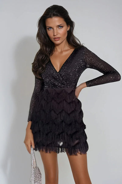 Paillettenkleid mit Fransenrock | V-Ausschnitt | Glanzvoller Auftritt