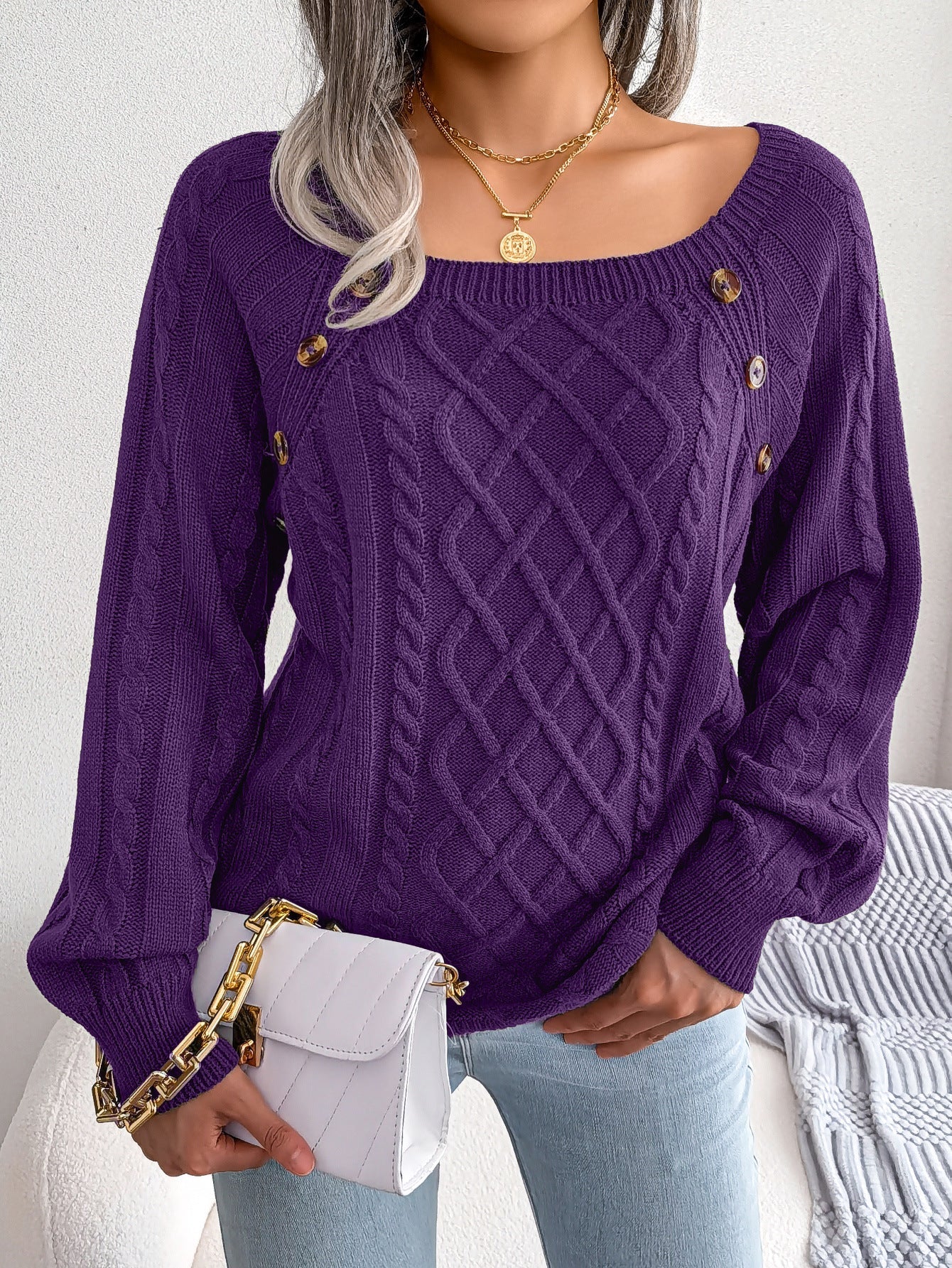 Rautenmuster-Strickpullover mit Quadrat-Ausschnitt für Damen