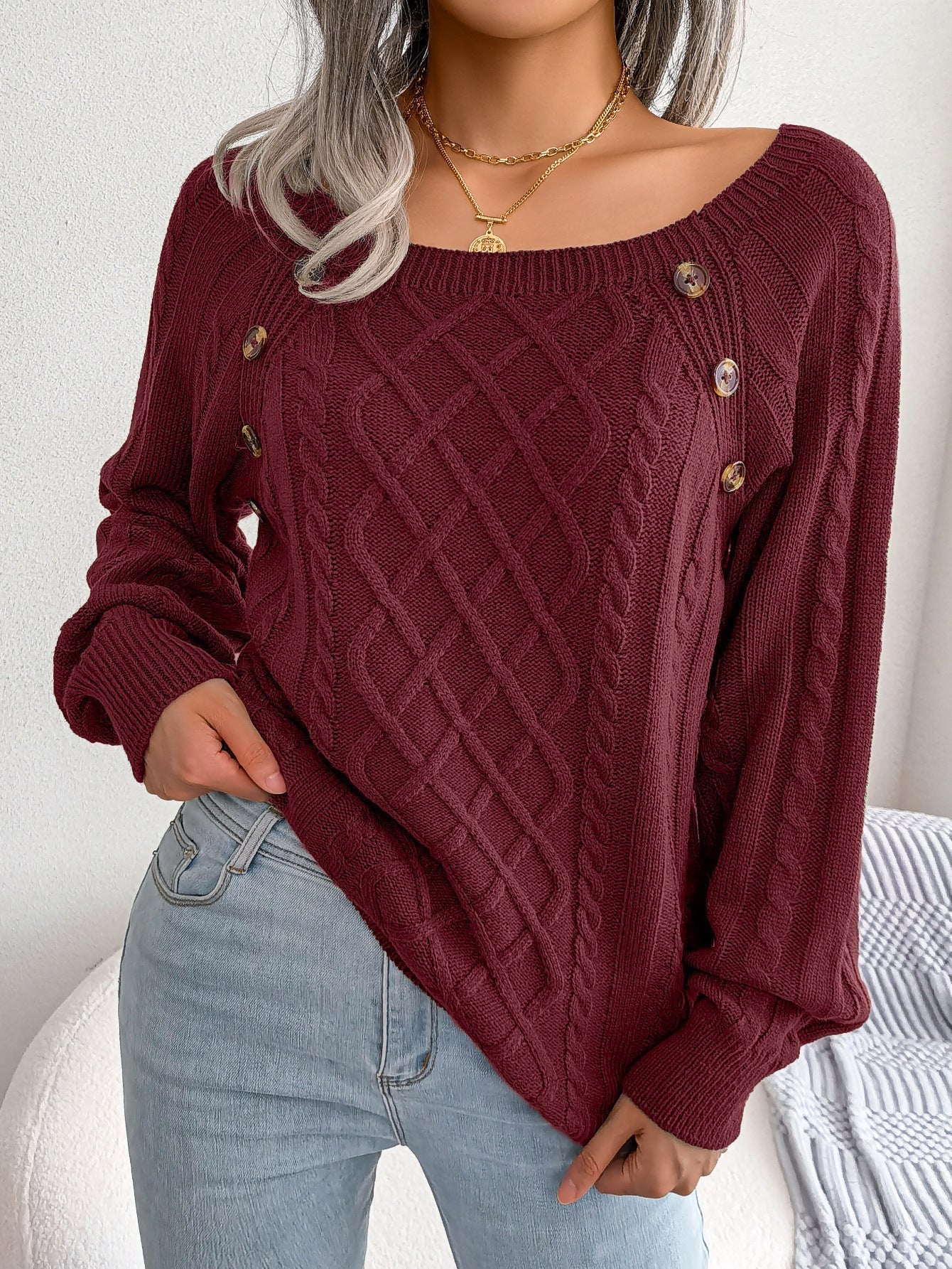 Rautenmuster-Strickpullover mit Quadrat-Ausschnitt für Damen