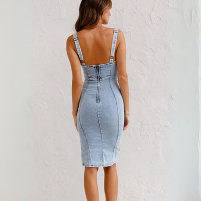 Jeanskleid für Damen - Leichtes Sommerkleid mit Schlitz und offenem Rücken