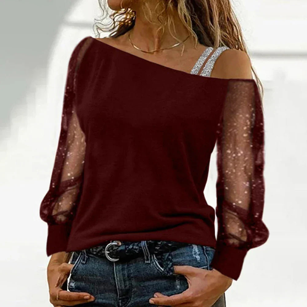 Langärmeliges T-Shirt in Übergröße aus Spitze und Mesh