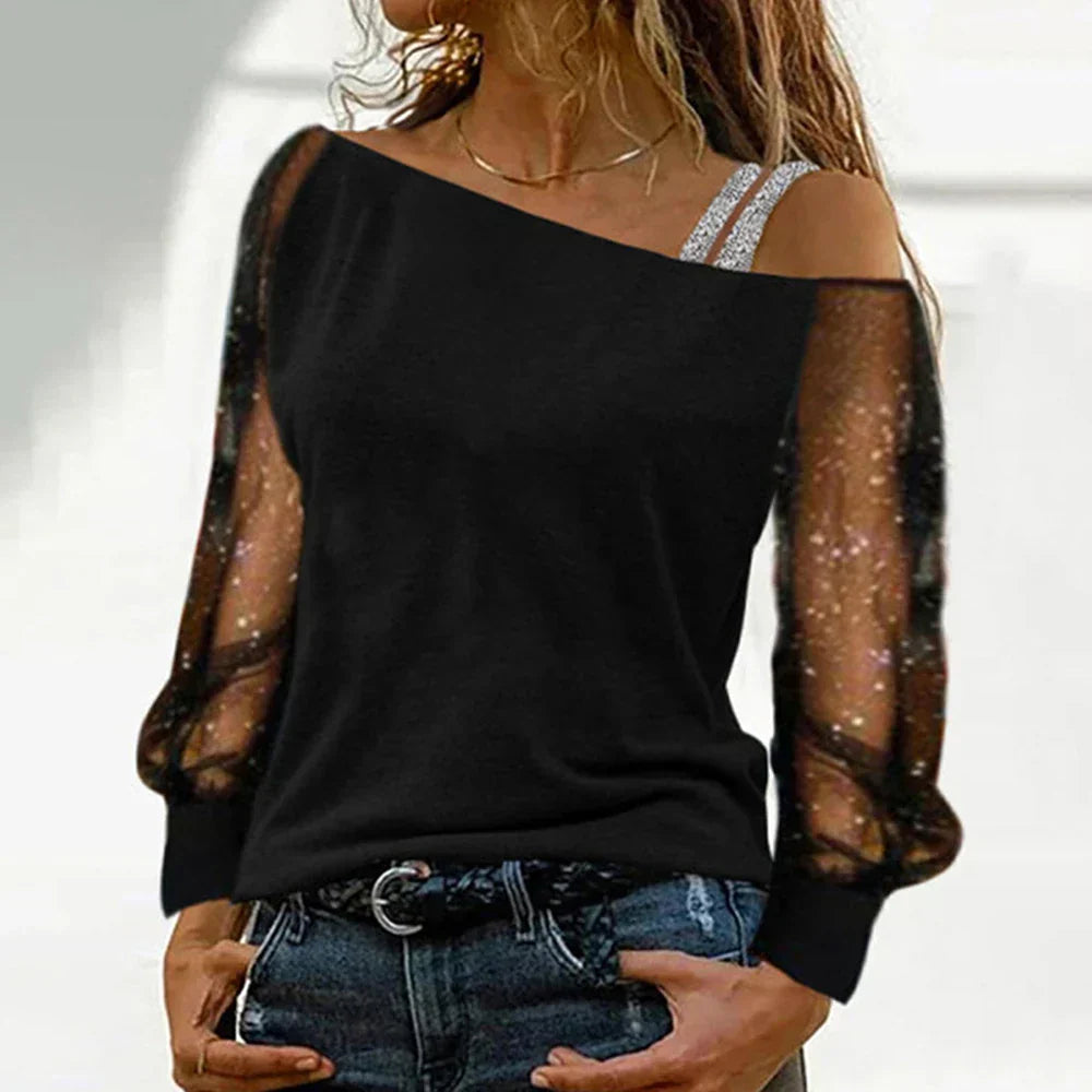 Langärmeliges T-Shirt in Übergröße aus Spitze und Mesh