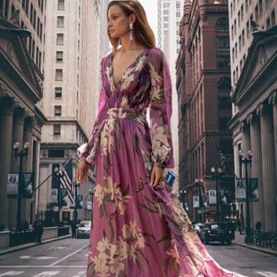 Maxikleid mit tiefem V-Ausschnitt | Blumenprint | Fließende Ärmel