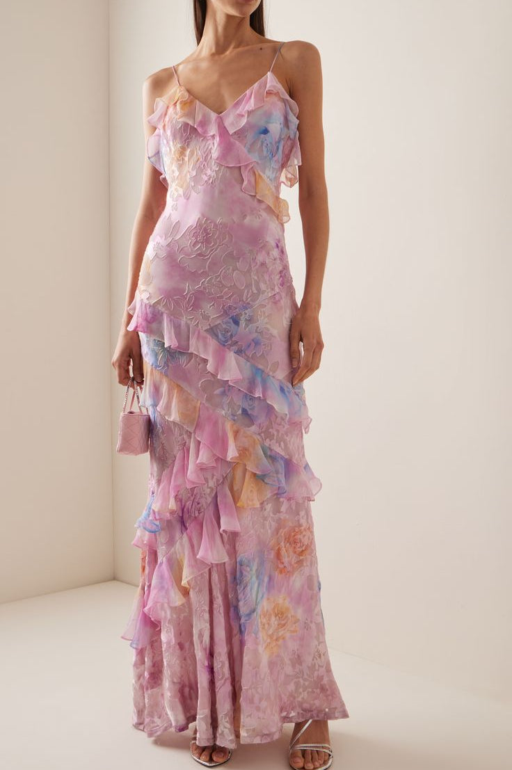 Nora | Langes Kleid mit Volants und V-Ausschnitt