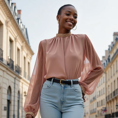 Edle Bluse | Transparente Ärmel & Stehkragen | Feminine Eleganz