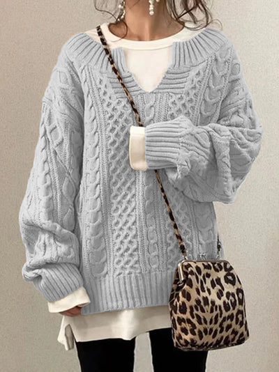 Retro V-Ausschnitt Zopfstrickpullover für Frauen