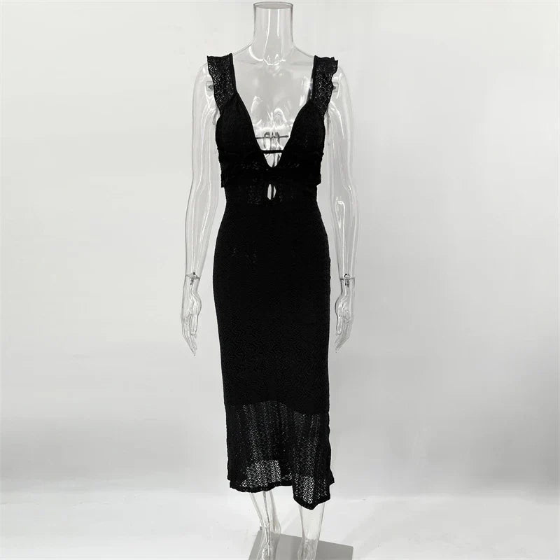 Evi Strickkleid | Langes, ärmelloses Sommer-Strandkleid mit schmaler Passform und tiefem V-Ausschnitt für Damen - Perfekt für den Sommer