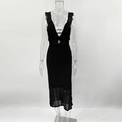 Evi Strickkleid | Langes, ärmelloses Sommer-Strandkleid mit schmaler Passform und tiefem V-Ausschnitt für Damen - Perfekt für den Sommer