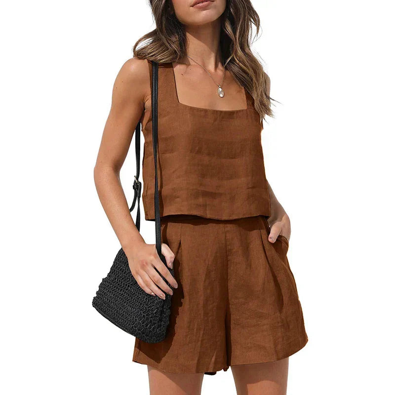 Cassie Sommerlicher Zweiteiler | Modernes ärmelloses Oberteil weite Shorts Sommer Set