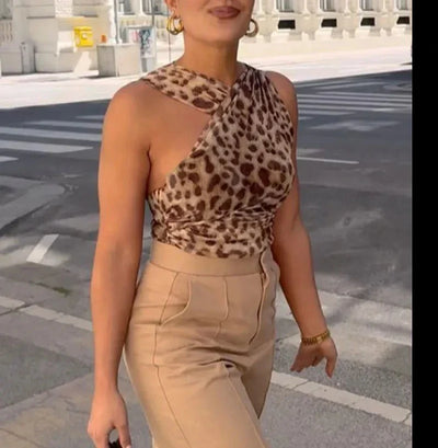 Stefanie Leopardenmuster-Bodysuit | Sommer ärmelloser schlanker bedruckter Damenbodysuit für heiße Tage